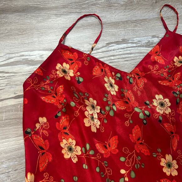 August Silk Red Floral Satin Slip Dress Butterfly Print Lingerie Style S - Picture 2 of 4